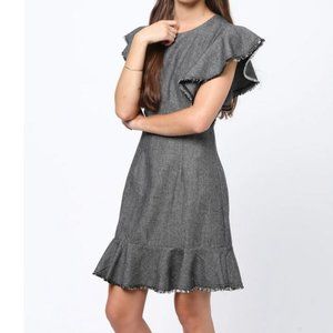 NWT Mo:vint Flutter Sleeve Black Wool Herringbone Tweed Dress Medium